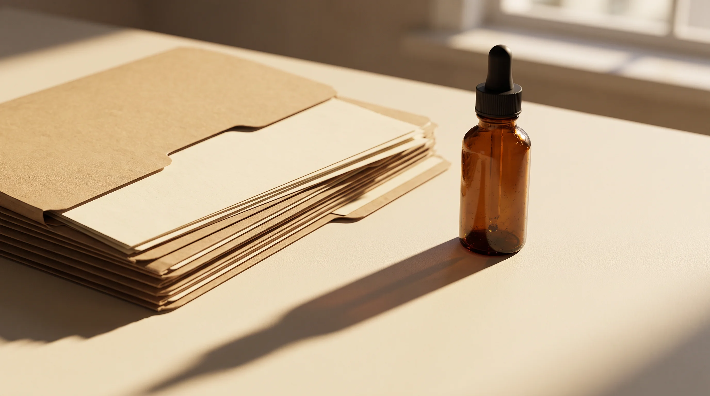 An open dossier and a stack of manila folders on a cream desk beside an amber bottle casting a long shadow