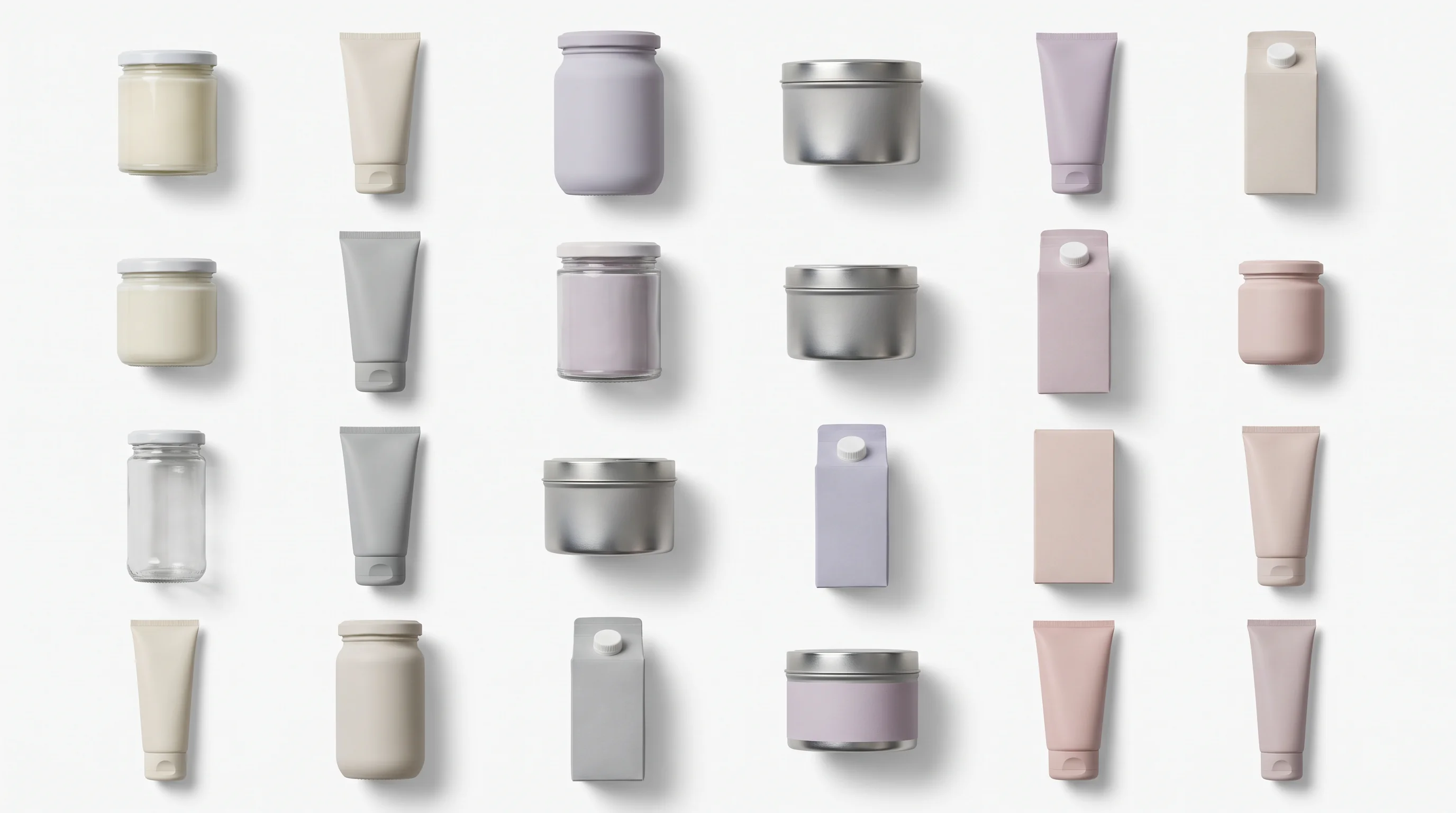 A grid of unbranded consumer-goods packshots — bottles, jars, tubes, tins and cartons — arranged like an e-commerce product listing