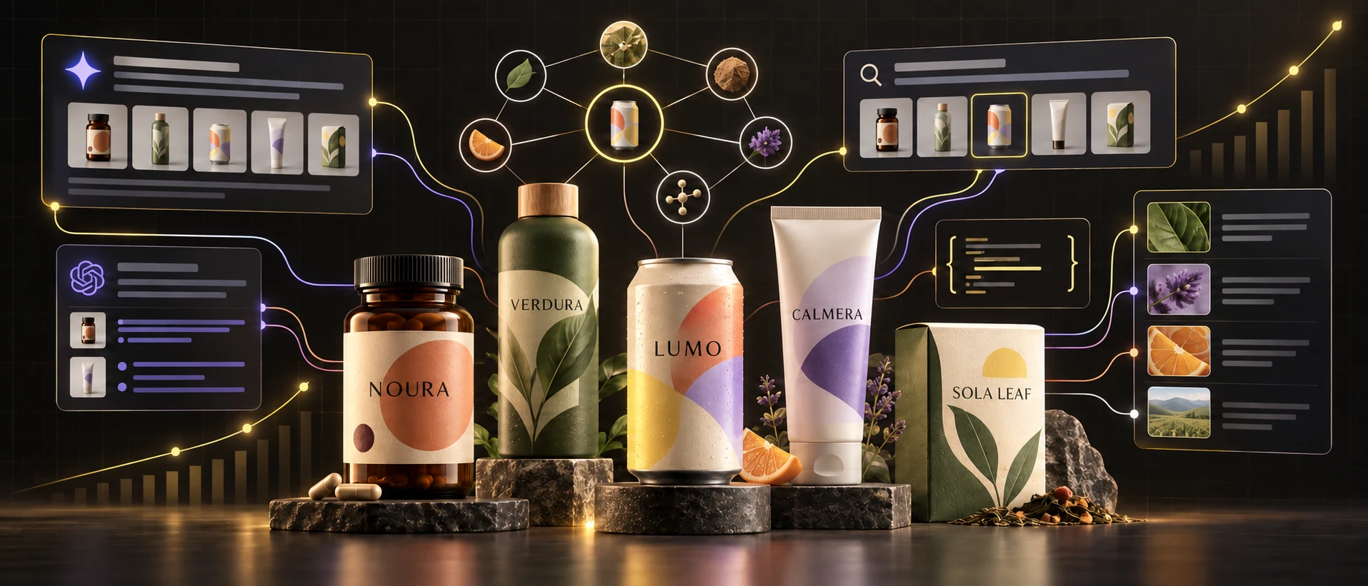Five fictional CPG brands—Noura, Verdura, Lumo, Calmera, and Sola Leaf—connected to AI citation, search, entity, and structured-data signals