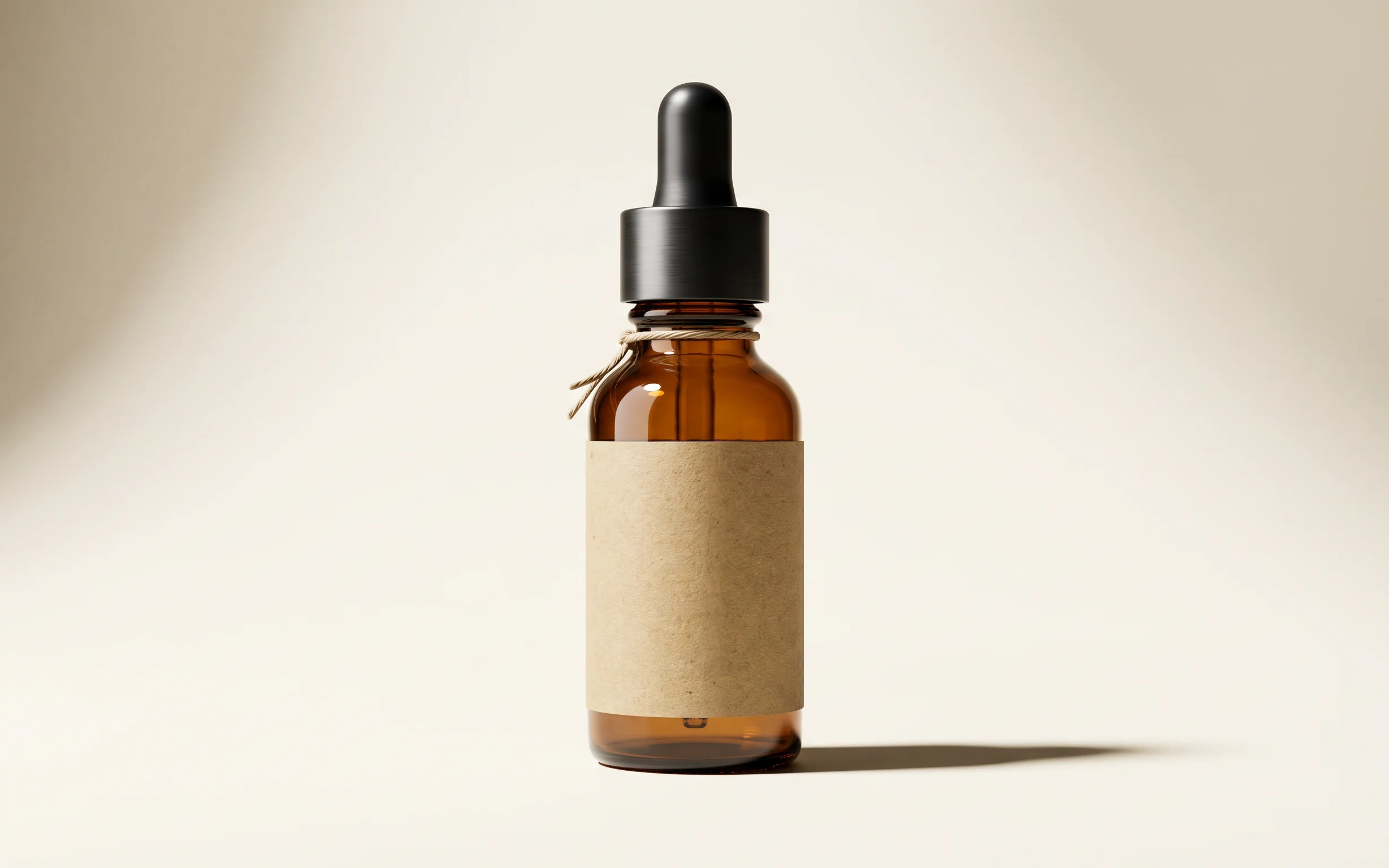 Amber glass tincture bottle with a kraft label, lit as a studio product render