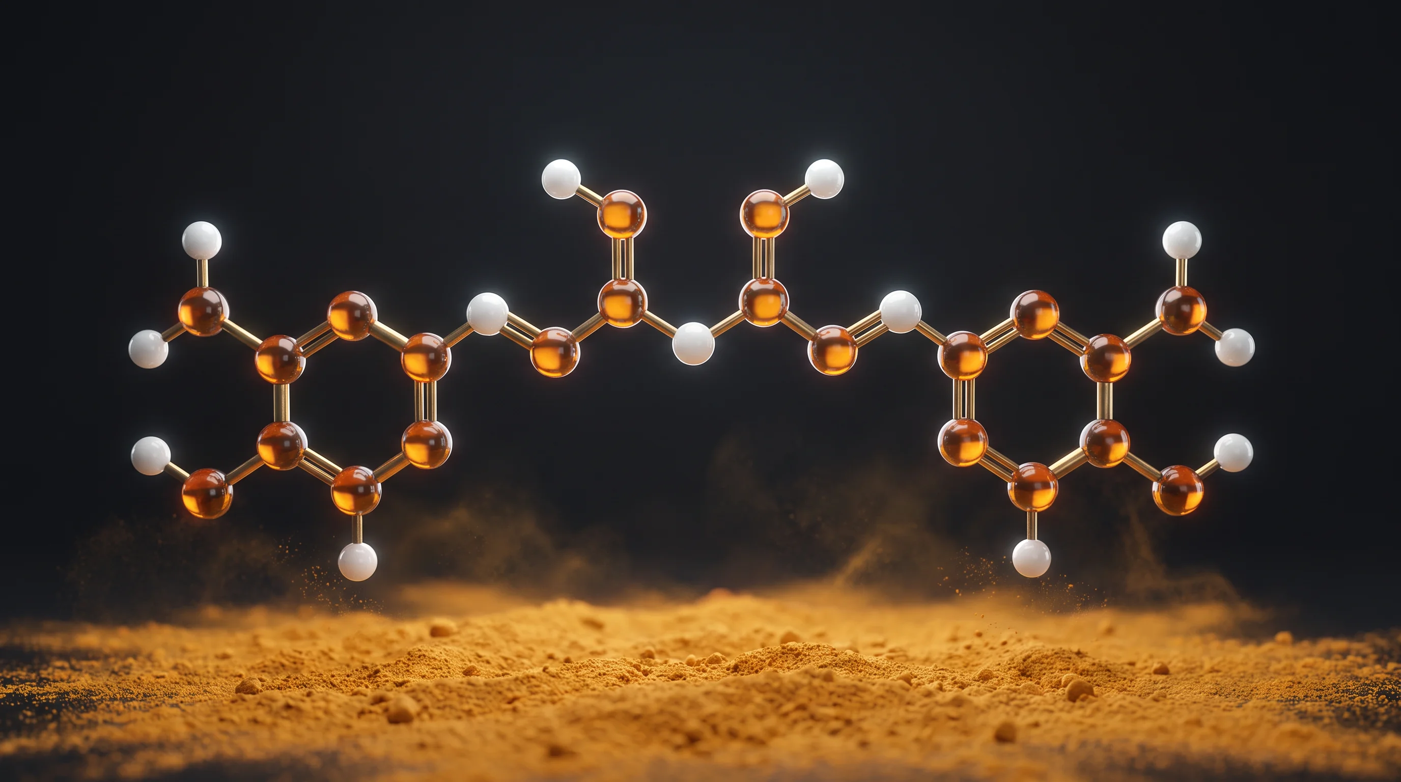 A gold and white ball-and-stick molecular model floating above fine turmeric powder on a dark background
