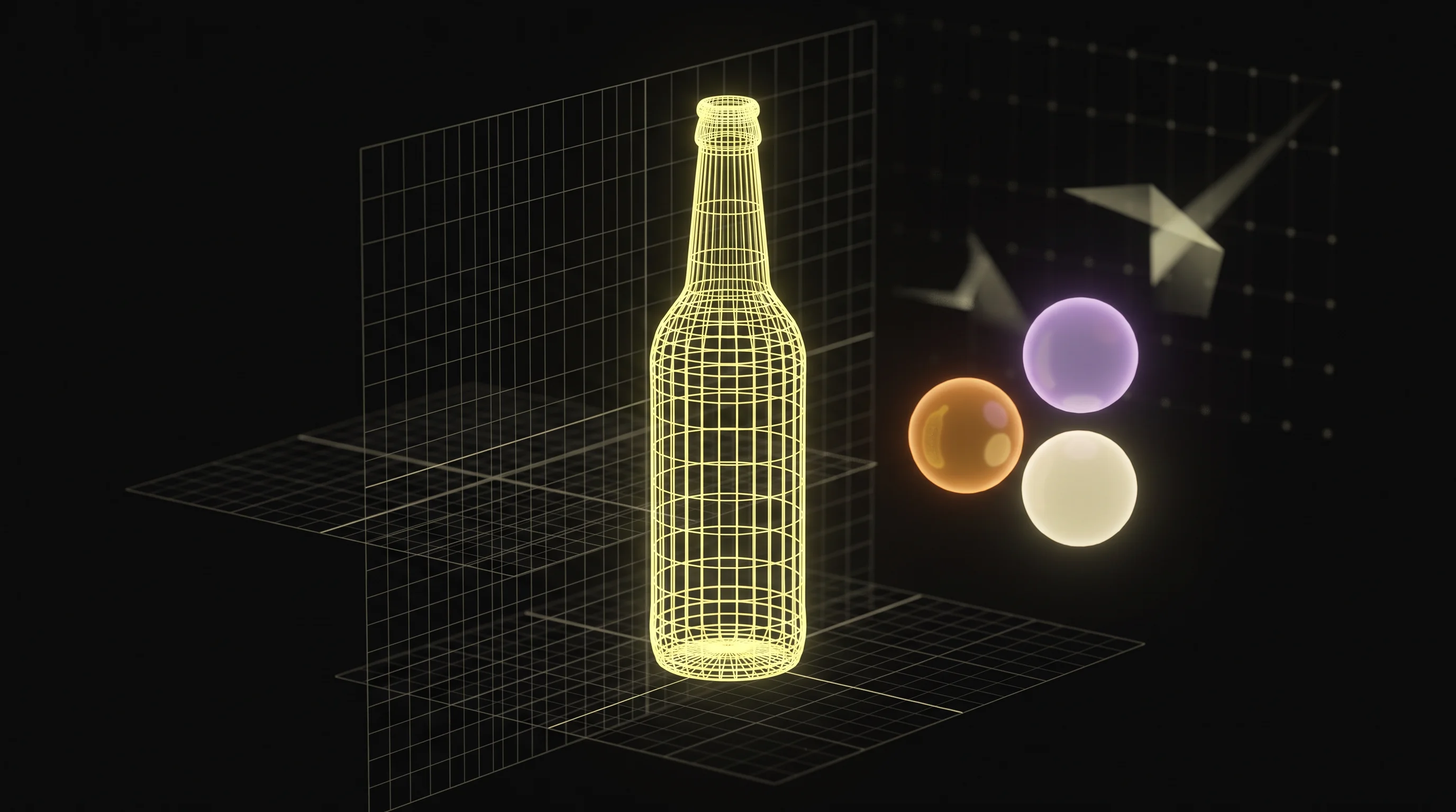 A wireframe bottle rendered in thin yellow lines on a near-black grid, beside translucent material spheres
