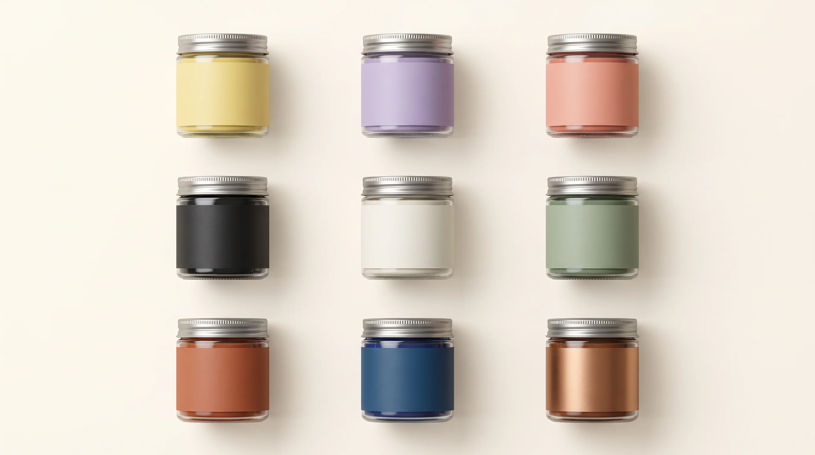 A three-by-three grid of identical glass jars, each with a different label colourway